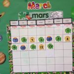 march calendar with picture cut outs in a preschool classroom