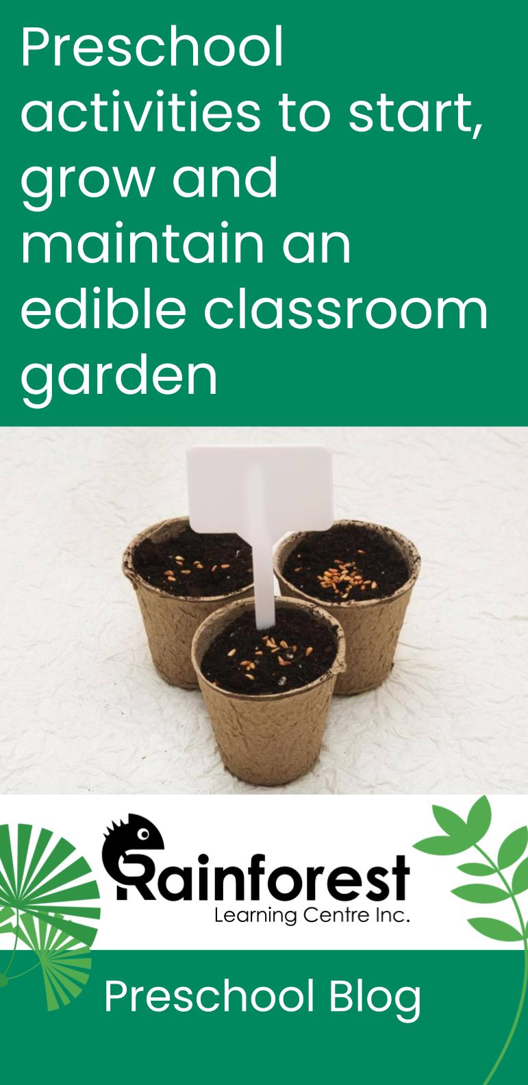 Preschool activities to start grow and maintain an edible classroom garden - blog pinterest image