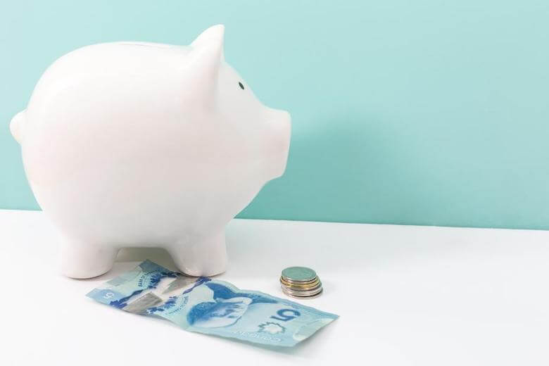 image for article on teaching preschoolers about money - shows piggy bank and canadian money