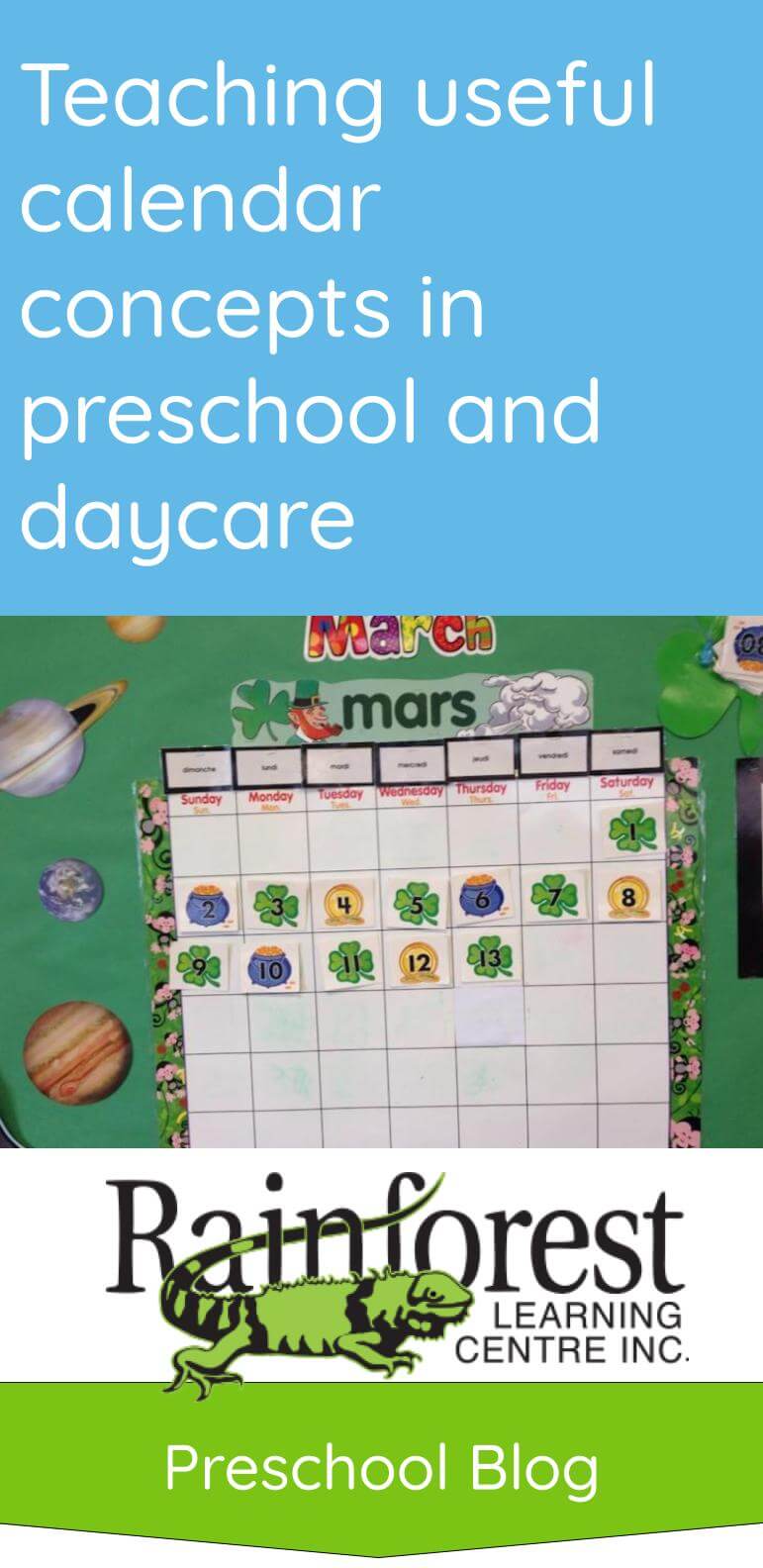 Teach useful calendar concepts in preschool and daycare - article Pinterest image